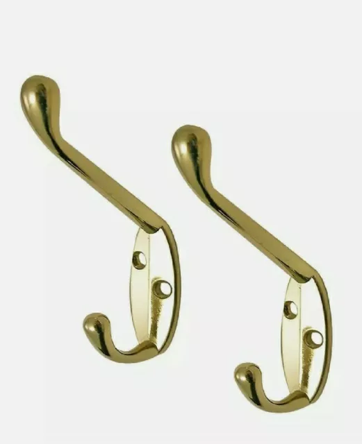 2 X Polished Brass Metal Double Hat & Coat Hooks Door & Wall Clothing Hangers