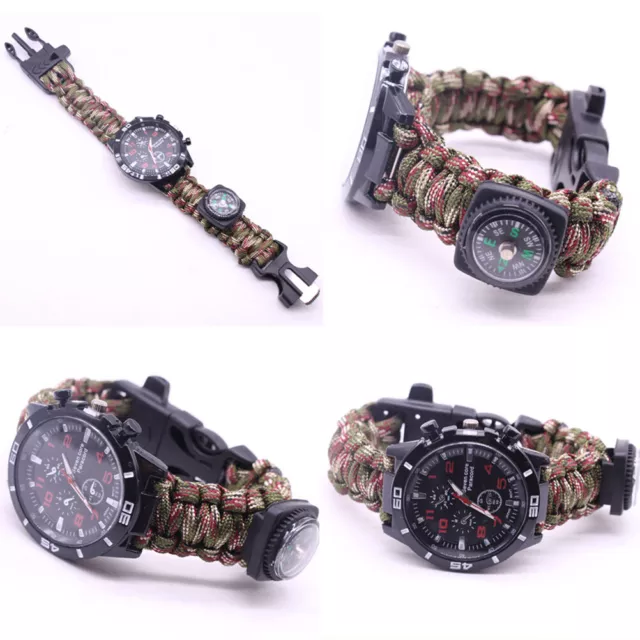 Outdoor Camping Survival Watch Compass Rope Whistle Paracord Bracelet Tools Kit