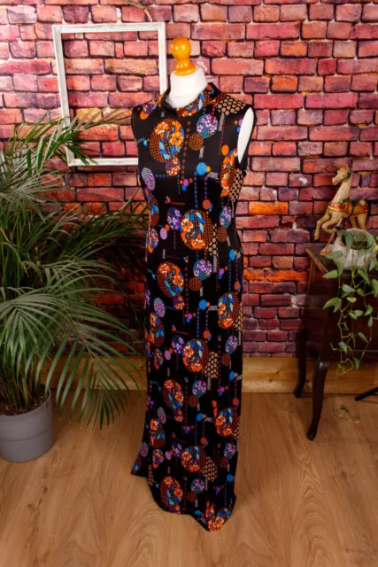 Vintage orig 70er Abendkleid lang schwarz Stretch Muster Blumen Boho M