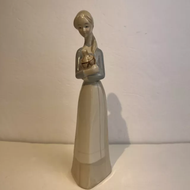Young Lady Holding Jug Figurine 11” Tall Graceful Muted Colors Vintage