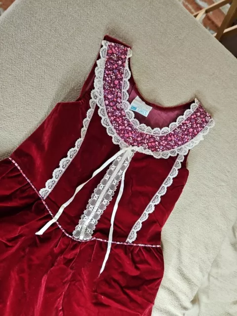 Vtg 70s Sears PRAIRIE DRESS Crushed Velvet LACE TRIM BODICE Maroon 60s Girls 10