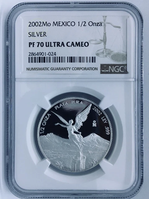 Mexico LIBERTAD 1/2 oz Silver 2002 PROOF -NGC PF70- RARE! 2,800 minted -TOP POP