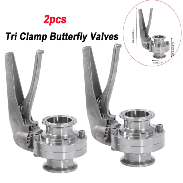 2x 304 Stainless Steel Tri Clamp Butterfly Valves Kit 2pcs 1.6MPA Max Pressure