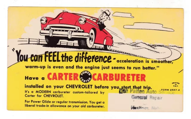 c1950 HASTINGS NEBRASKA CHEVROLET CARTER CARBURETER PATTEN AUTO POSTCARD NE OLD