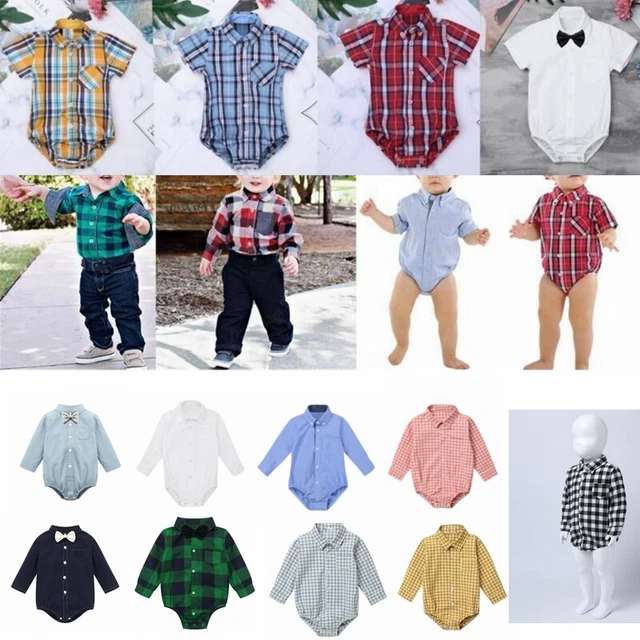 Kids Baby Boys Gentleman Romper Lapel Plaid Shirt Jumpsuit Bodysuit Formal Dress