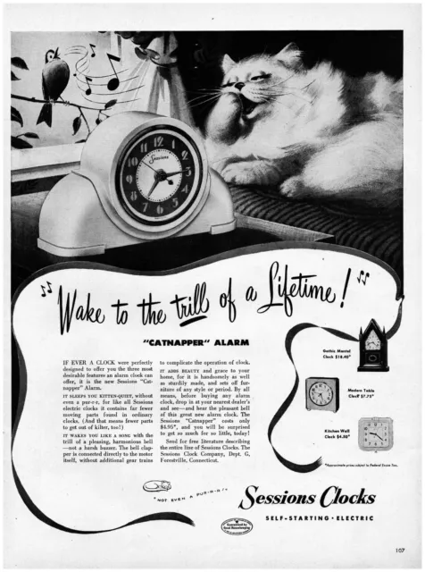 1948 Sessions Alarm Clocks Vintage Print Ad Cat Songbird Catnapper Gothic MCM