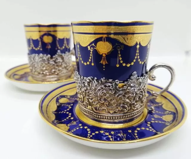 MINTON Gold plated lapis lazuli Cup & Saucer Pair sterling silver handle Antique