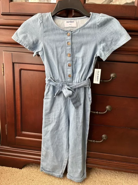 Old Navy Girls size 5 XS Blue Denim Jean Jumpsuit button up short sleeved romper