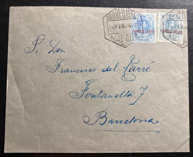 1924 Malaga Spain Early Airmail Cover To Barcelona Sc#C3-4