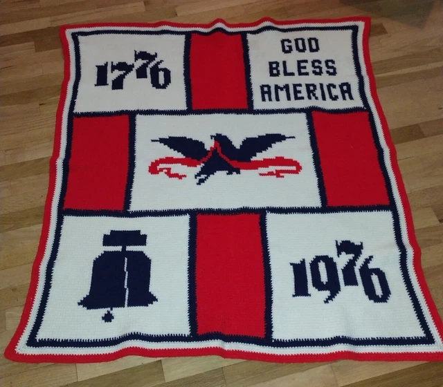 Vtg 1976 Bicentennial Handmade Crochet Afghan Blanket Throw 50”x46”Americana