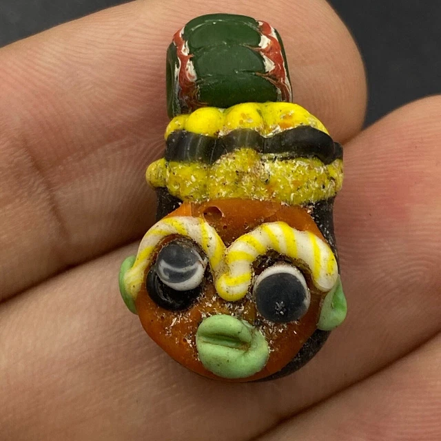Roma Glass Excellent Ancient Old Phoenician Mosaic Plug Face Rare Amulet 5