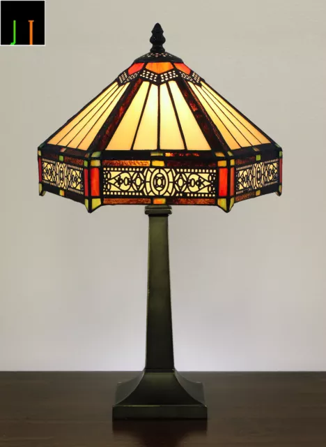 Free Postage JT Tiffany Stained Glass Six-Sided Vintage Style Bedside Table Lamp