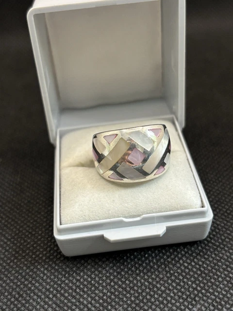 Bague Vintage Moderniste Argent 925 Et Verre Noir - Taille 56 - Occasion Avec Patine