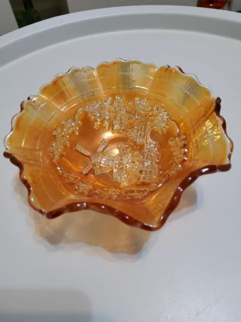 Vintage Marigold Carnival  Glass Ruffle Edged Small Bowl And Embossed Windmill 2
