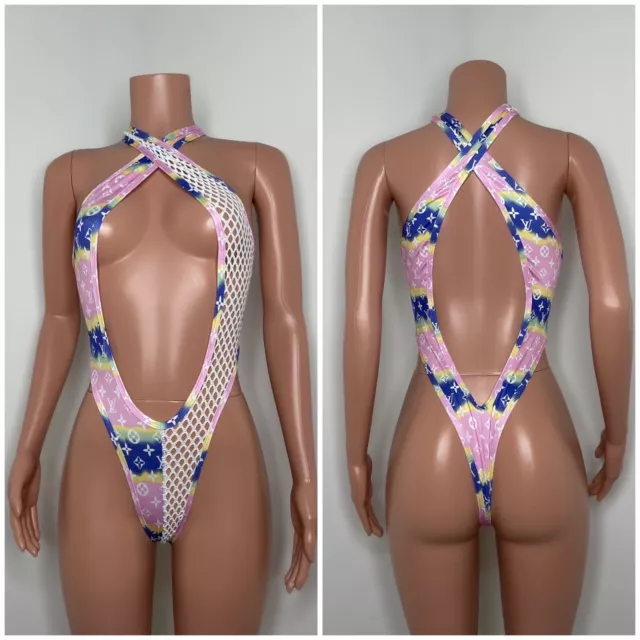 Exotic Dancewear- Stripper Wear- Rave Wear- Half Fishnet Sexy One Piece