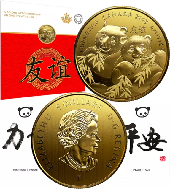 2019 Pandas Golden Gift of Friendship $8 Pure Silver Gold Plated Coin Canada