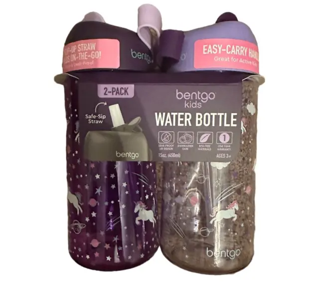 NWT Bentgo Kids Water Bottles Leak-Proof BPA-Free Flip-Up With Straw Pack of 2