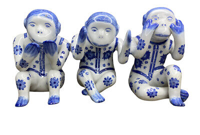 Chinoiserie Monkeys Ceramic Hear Speak See No Evil Blue White Figurines Decor
