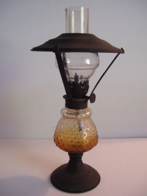 Vintage Small Amber Glass Hobnail Oil Lamp w/Glass Chimney & Black Metal Shade