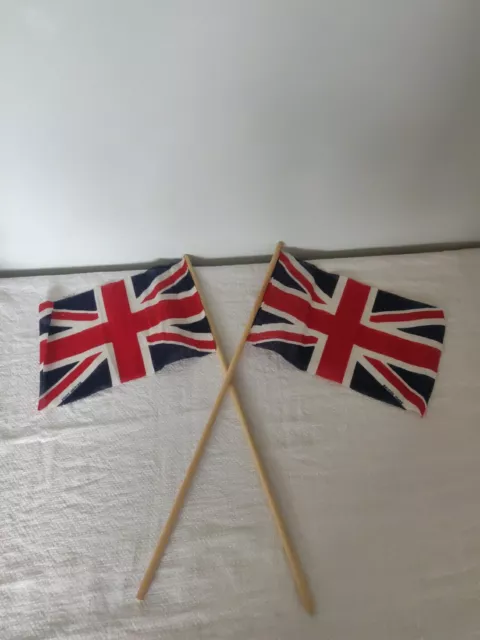 2 Vintage Union Jack Hand Held Flags British Made Printed Cotton WW2 50's Era