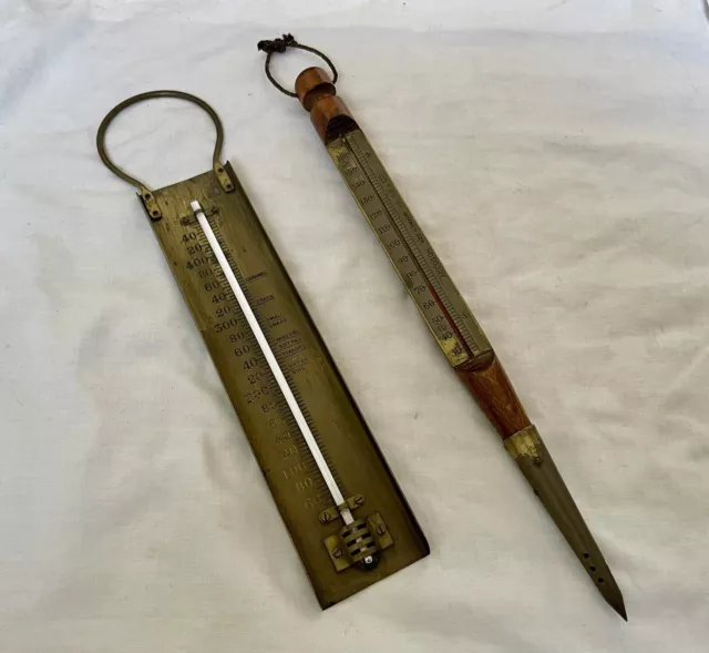 Pair Of Vintage Brass / Wooden Thermometers