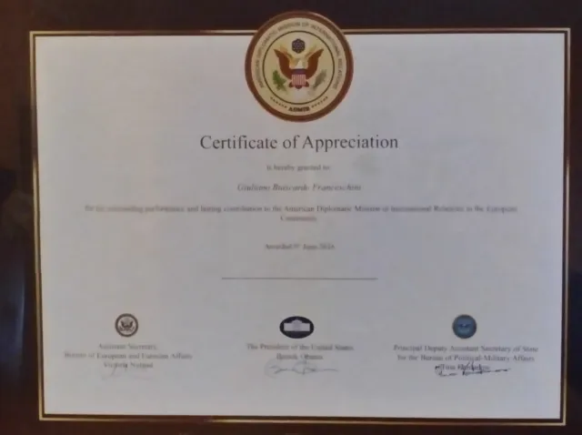 Certificato apprezzamento ADMIR firma Pres USA Obama , Nuland e Kaidanow 2016