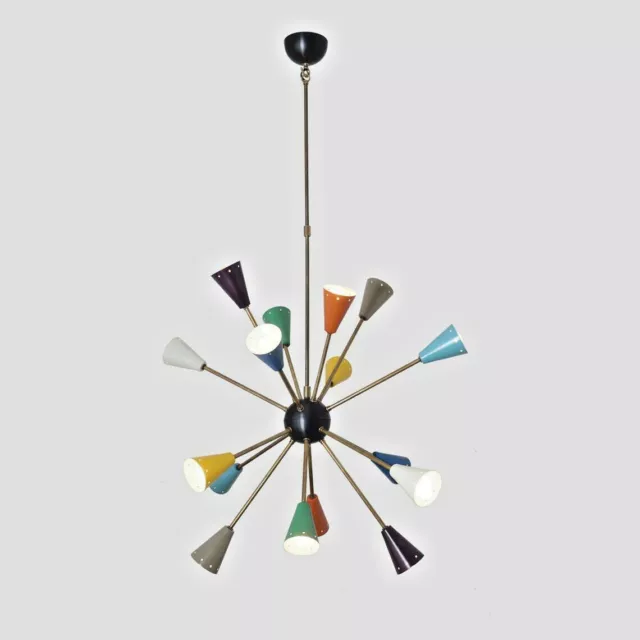 Mid Century Style 16 Multicolored Arms Brass Cone Sputnik Chandelier lights