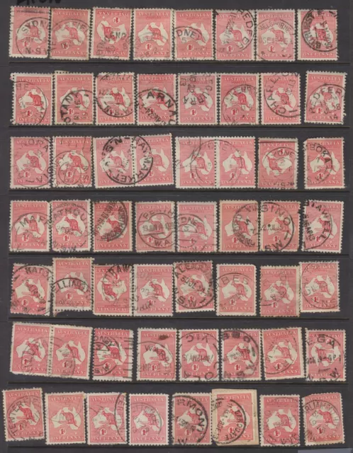 1913+ - AUSTRALIA - PAGE OF 56 1d. RED KANGAROO & MAP POSTMARKS - LOT B001