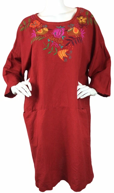 GUDRUN SJODEN EMBROIDERED Santa Fe Linen Blend Dress Scandinavian Red Birds  XL $64.00 - PicClick