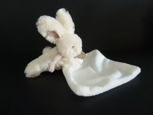 44. DOUDOU ET COMPAGNIE LAPIN BONBON MOUCHOIR Blanc taupe 12cm ETAT NEUF