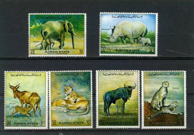 153. Ajman 1972 Set/6 Briefmarke Wilde Tiere, Löwe, Elefant, Rhino, Chetah. MNH
