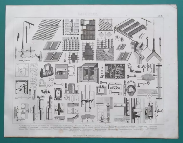 BUILDING HARDWARE Metal Glass Roofing Locks Safes Gutters - 1870 Antique Print