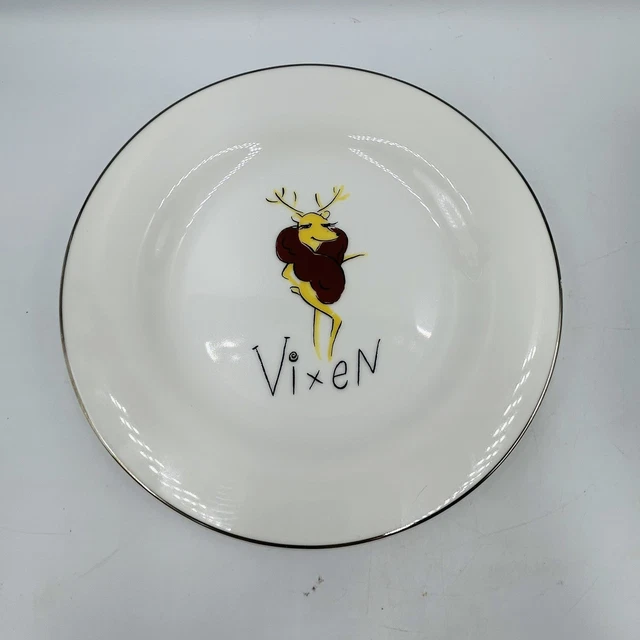 REINDEER DANCER POTTERY Barn Dessert Plate White Platinum Silver