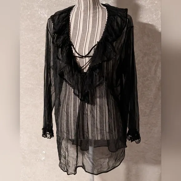 Vintage Alana Gale Intimates Black Sheer Deep V Neck Sexy Night Shirt sz XL