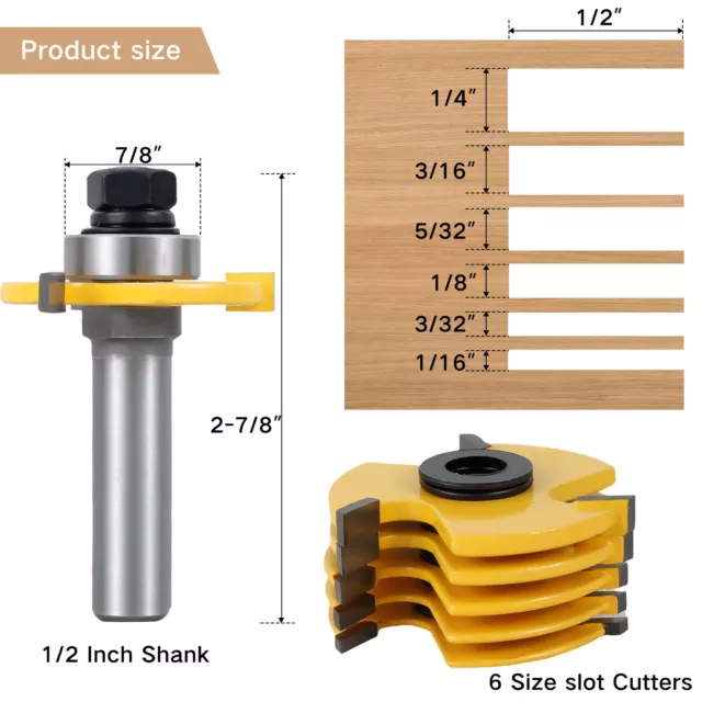 6Pcs 1/2inch Shank 3 Wing Slot Cutter Router Bit Set 6 Sizes T-Shape 3 🍻