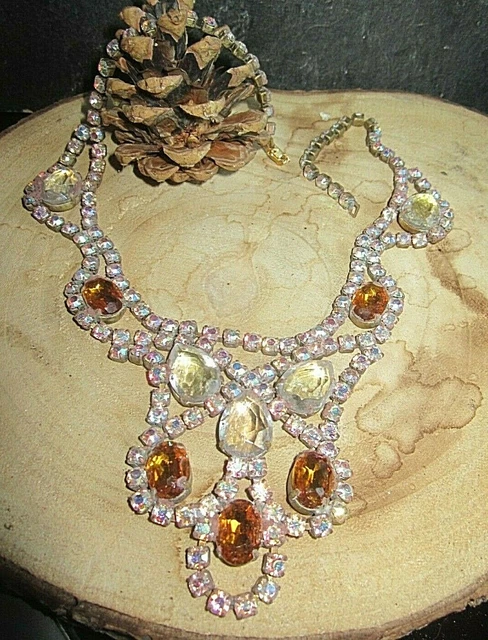 vintage collier alt gablonz herrlich opalisierends glas mit bernstein kristallen