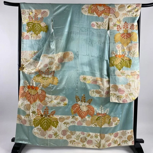 Japanese Kimono Furisode Pure Silk Paulownia Tomentosa Bamboo Grass Embroidery