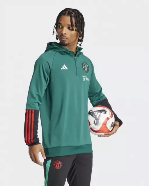 Manchester United Adidas Felpa Allenamento Training Top Cappuccio Verde 2024