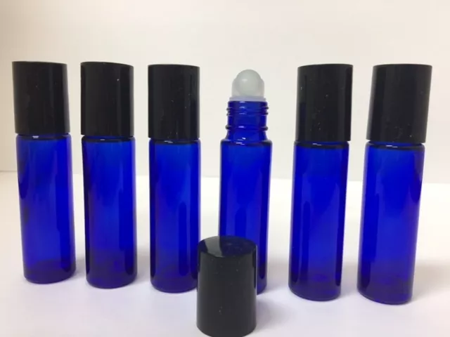 12 Bottles Cobalt Blue 1/3 oz,10 ml GLASS Roll On Bottle With Black Cap & Roller