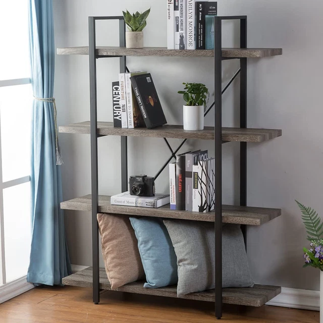4-Shelf Vintage Industrial Bookshelf, Rustic Gray Wood and Metal 4 Tier Bookcase