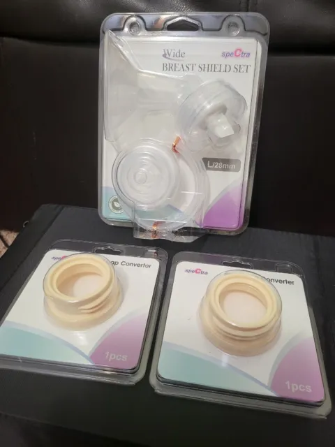 Spectra Pump Wide Breast Shield Set Size L 28mm New/Sealed With 2 Cap Converter