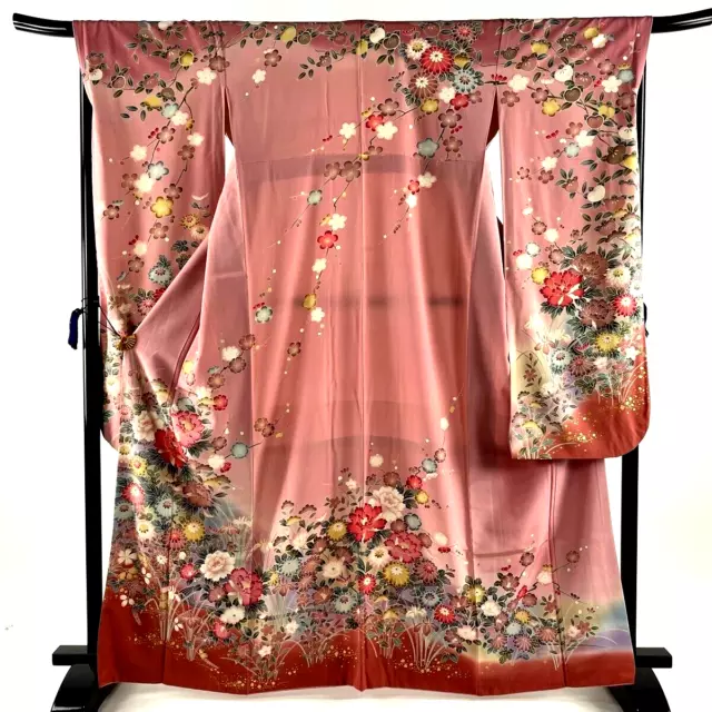 Japanese kimono SILK"FURISODE" long sleeves, Gold leaf, Peony, KIKU ,L64".2059