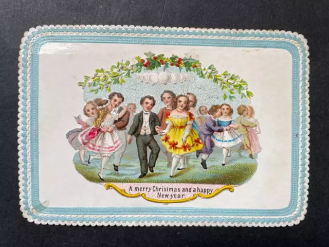 Victorian Greeting Card Xmas Young Children Dressed For A Ball Diecut