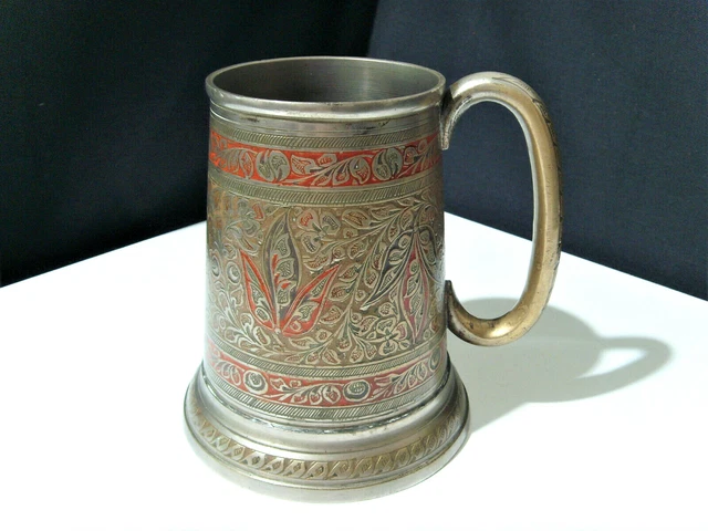 Vintage c1940s Indian Brass Benares Ware Ornate Enamel Tankard Marked KK M10