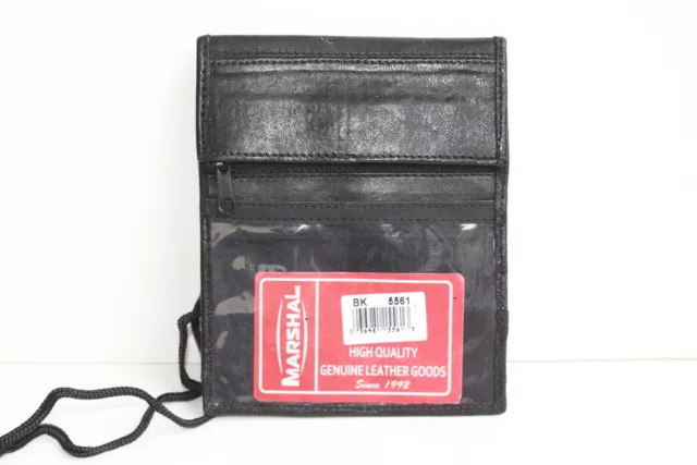 Black Leather ID Badge Lanyard Name Tag Holder Zip Card Pen Neck Strap  Unisex