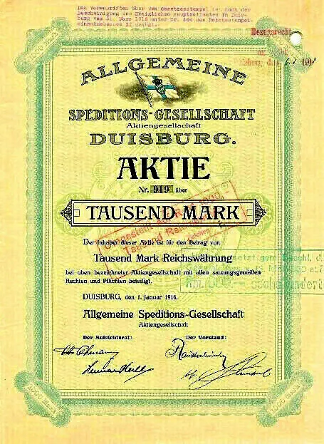 Allgemeine Speditions-Gesellschaft Duisburg hist. Aktie 1916 Rhenania Wincanton