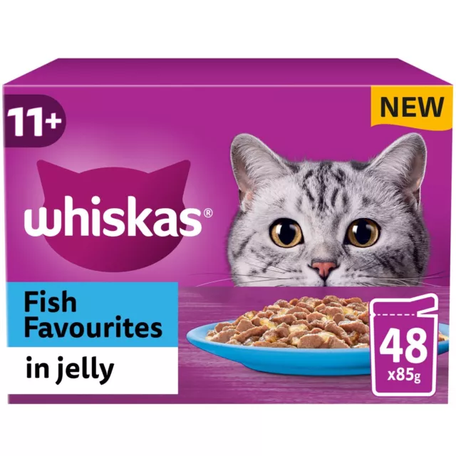 48 x 85g Whiskas 11+ Fish Favourites Mixed Senior Wet Cat Food Pouches in Jelly