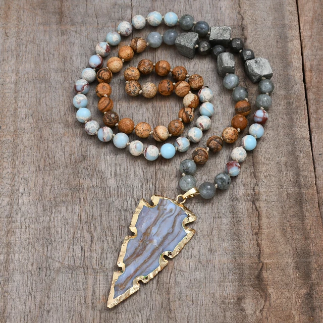 Natural Stones Gilded Arrowhead Pendant Mixed Stone Beads Knotted Boho Necklace Natural Stones Gilded Arrowhead Pendant Mixed Stone Beads Knotted Boho Necklace