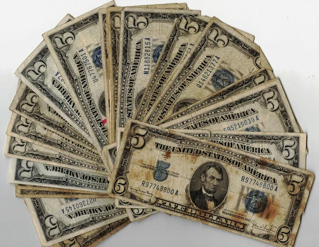 Random Series 1934 $5 Five Dollar Silver Certificates Lower Grade Condition