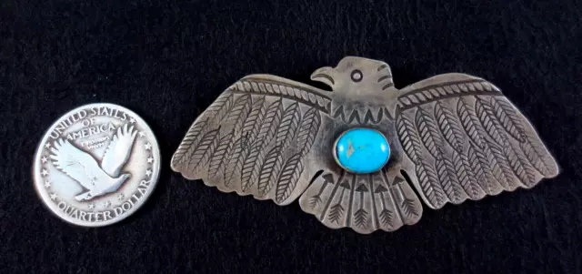 Vintage Navajo Manta Pin - Coin Silver and Turquoise - Thunderbird